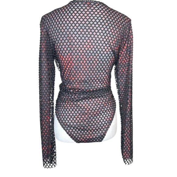 Fashion Nova Black Red Fishnet/Mesh Crew Neck Thong Snap Button Bodysuit XL - Picture 4 of 8